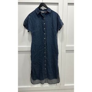 Soft Surroundings Je Veux Denim Blue Midi Shirtdress Sheer Hem Button Down